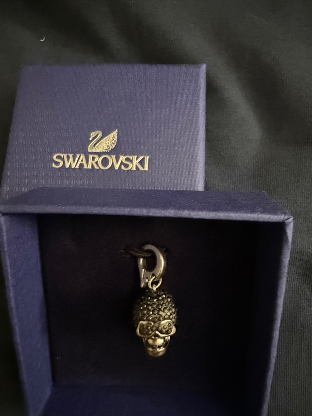 Vintage Swarovski Black Crystal Skull Charm with Dark Metal Finish (retired)